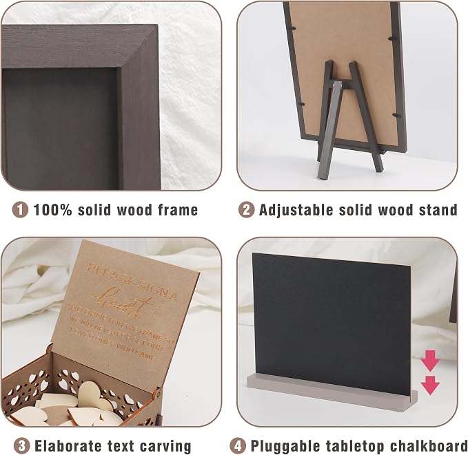 SELEAD Solid Wood Wedding Guest Book Alternative, Drop Top Words Sign Board | Rustic Wedding Reception Picture Frame with Chalkboard, 100pcs Wooden Hearts, Storage Box for Party Anniversary Birthday - Image 7