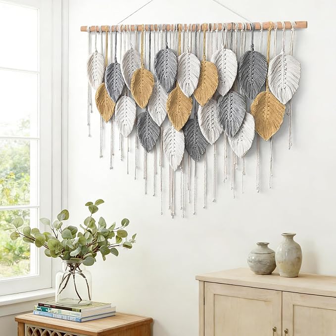 Large Macrame Wall Hanging Boho Woven Tapestry Chic Modern Home Decorations | KHOYIME Bohemian Farmhouse Handmade Leaf Feather Wall Art Decor for Living Room Bedroom Nursery Dorm Backdrop 39" W X 29.5" L - Image 4