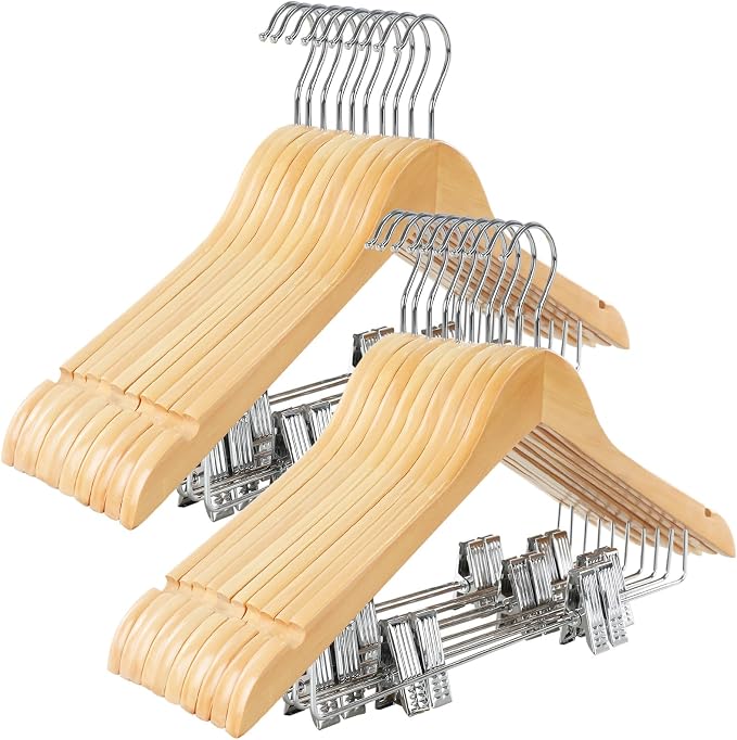 TOPIA HANGER Wooden Suit Hangers with Adjustable Metal Clips (20 Pack), Solid Smooth Wood Clothes Hangers, 360° Swivel Hook, Premium Pants Hangers for Clothes Coat, Jeans, Blouse-Natural, CT28N20 by TOPIAHANGER
