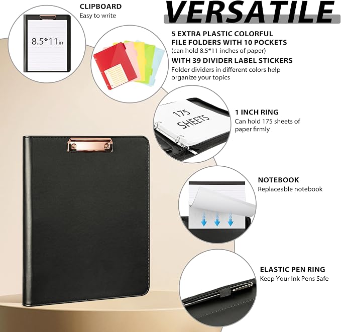 Ospelelf Leather Clipboard with Storage, Zippered Padfolio Portfolio Organizer, 3 Ring Binder 1 Inch, Notepad, Tablet Sleeve, 5 Dividers with Pocket for Office, Nurses, Students, Teachers Black - Image 3