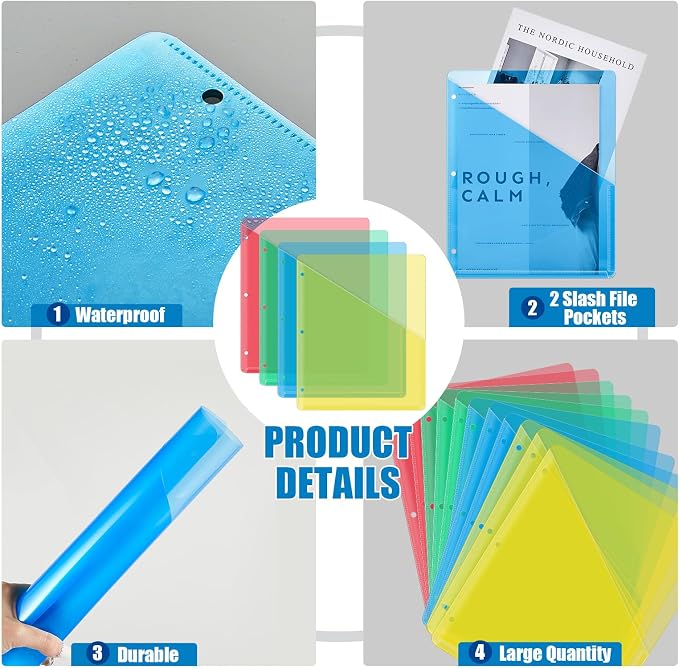 Seajan 48 Pcs Binder Pocket Folders, Clear 3 Ring Binder, Multicolored | Plastic Folders Sleeves with 2 Pockets, Poly Slash File Jackets, 3 Hole Punched Dividers for School, Office, Documents - Image 3