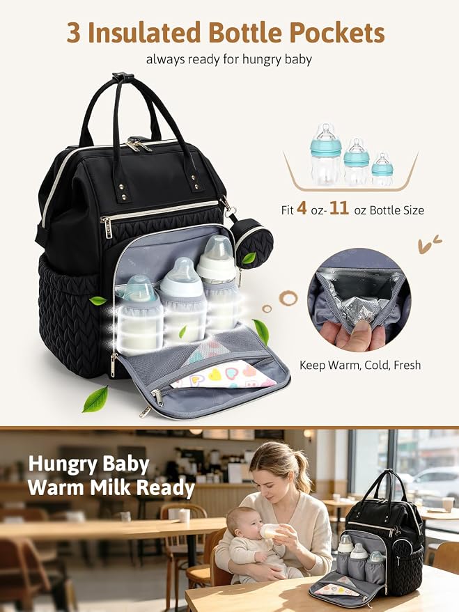 Lekesky Quilted Diaper Bag Backpack, Wide Opening Large Baby Bag for Mom | Black Travel Baby Diaper Backpack with Changing Pad, Insulated Pockets, Pacifier Case - Image 4