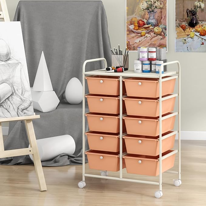 Giantex 10 Drawers Rolling Cart, Classroom Organizers, Storage Cart with Wheels, for Teacher Office Home School Supplies Tool Craft Art Paper, Peach Fuzz - Image 4