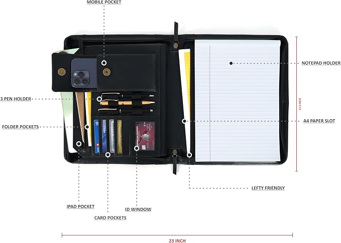 Leather Portfolio for Men, Portfolio Organizer with Zipper for Men Women, Leather Padfolios Business Resume Legal Pad Notebook Binder for A4/Pad (Black) - Image 5
