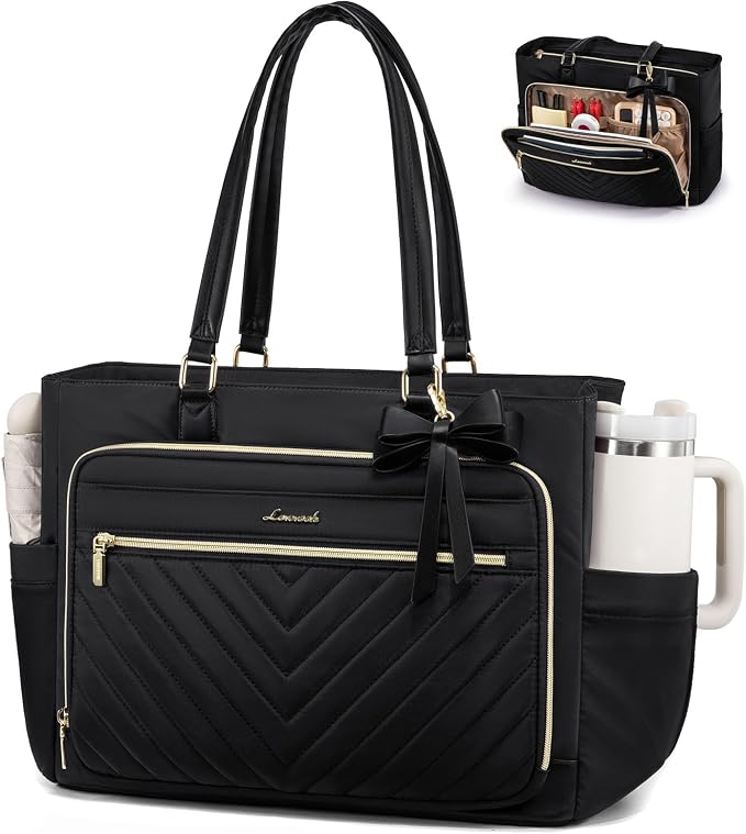 LOVEVOOK Laptop Tote Bag for Women, Work Bag Teacher Tote with Large Cup Holder, Quilted Nurse Diaper Bag for Travel, Computer Women's handbags for Teacher gift, Black, 15.6 Inch by LOVEVOOK