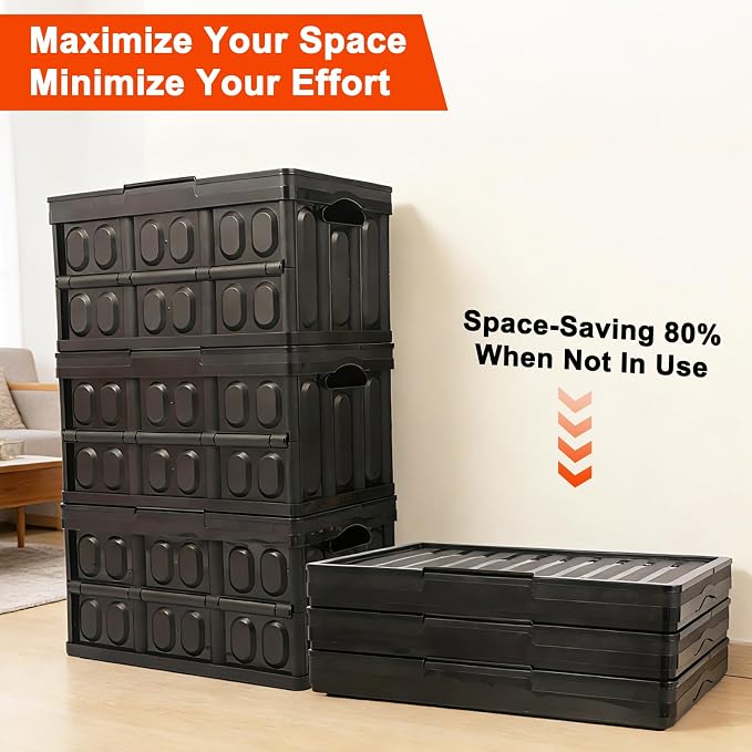 3-Pack Plastic Collapsible Storage Bins with Lids, | 45L Stackable Plastic Crates for Storage, Holds 55 lbs Per Bins, Heavy Duty Containers for Home Organizing, Tools & Camping - Image 5