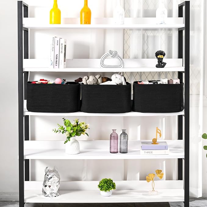 ICERZCZ Large Storage Baskets for Organizing Shelves, Woven Cotton Rope Bins for Baby Nursery Organization, Book Toy Towel Organizer, 17"x13"x9.5", 3 Packs, Black - Image 2