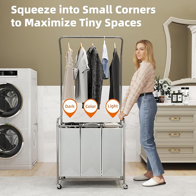 ROMOON Rolling Laundry Basket Organizer with Hanging Clothes Rack: 3 Section Laundry Hamper Sorter with Hanging Bar and Heavy-duty Lockable Wheels - Clothes Rack with Laundry baskets, 2025 Upgrade - Image 2