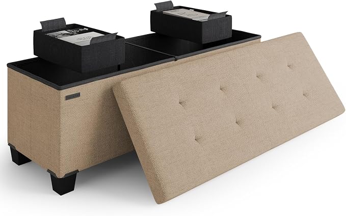 Storage Ottoman Bench with Bins, 43-in Storage Bench for Bedroom End of Bed, Folding Foot Rest Ottoman for Living Room Max 660lbs, Fabric Ottomans, Taupe by STORAGEBUD