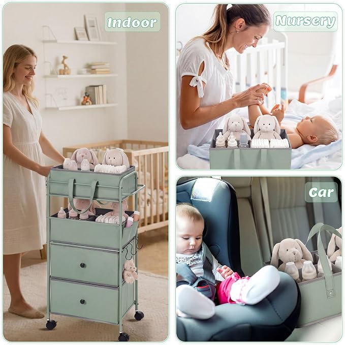 FoldTier 3In1 Baby Diaper Caddy Organizer Cart 4 Tier Large Capacity Metal Utility Bedside Rolling Cart with Divider Newborn Registry Nursery Essential Must Have Bedroom Gift Baby Shower (Green) - Image 4