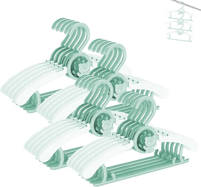 Baby Clothes Hangers 20 Pack, Plastic Kids Hangers Space Saving for Closet | Green Hanger for Toddler Boy and Girl, Lightweight Anti-Slip Cascading Padded Extendable Adjustable Pant Bear Children Hangar by HGYZE