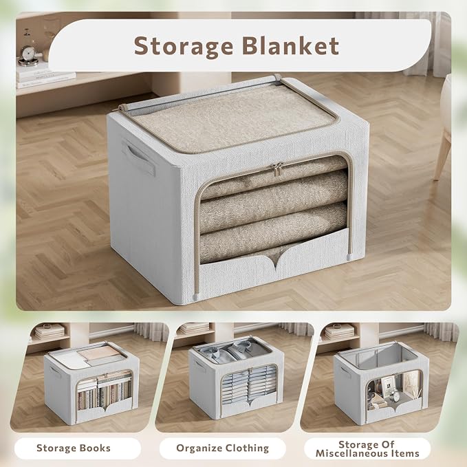 FHSQX 3 Pack Clothes Storage Bins - Foldable Metal Frame Storage Box - Stackable Linen Fabric Container Organizer Set with Carrying Handles and Clear Window (Light Gray, 19.7x15.7x13inch(66L)) - Image 2