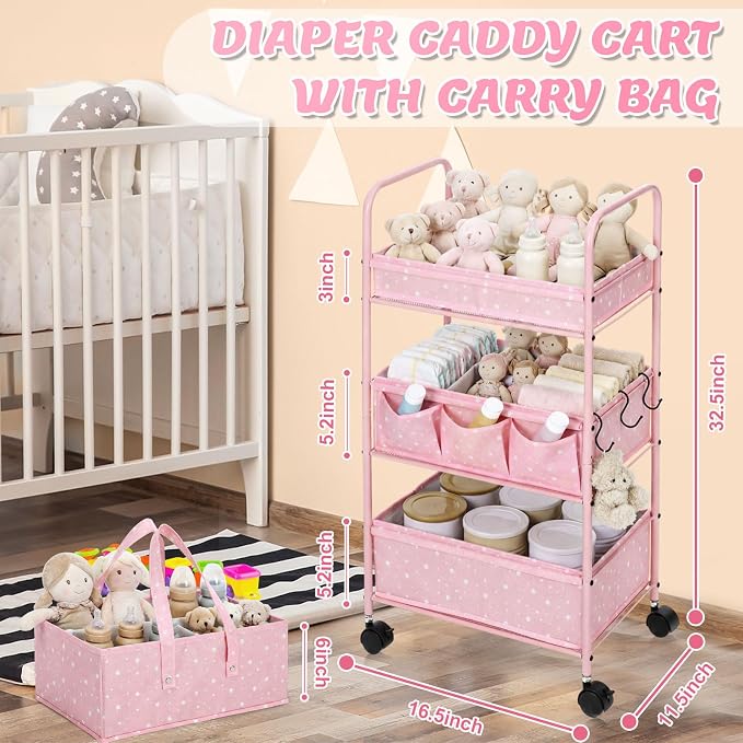 Yookeer 2in1 Baby Diaper Caddy Organizer Cart 3 Tier Large Capacity Metal Utility Bedside Rolling Cart with Divider Newborn Registry Gift Nursery Essential Must Have Bedroom Baby Shower(Pink,Star) - Image 2