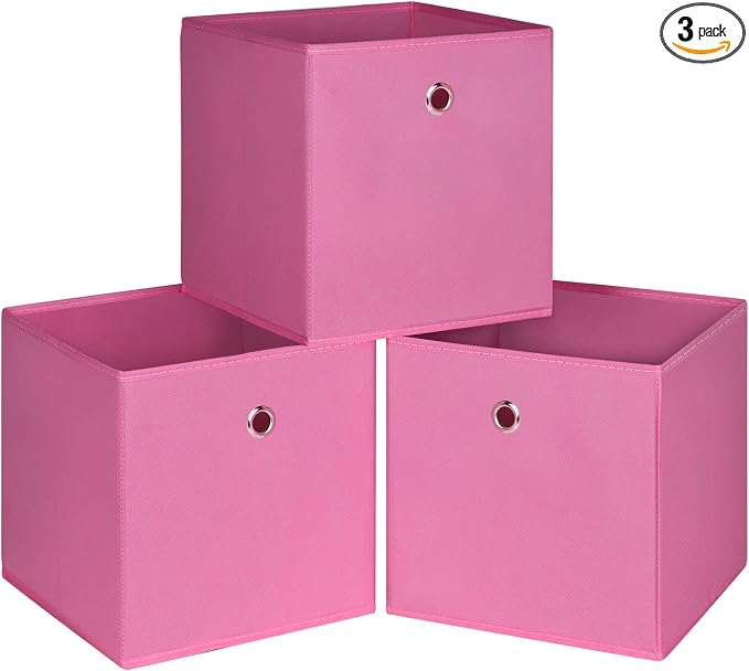 Foldable Storage Cubes Bins ,11 Inch Cloth Storage Cube Fabric Storage Box Cubes Organizer Baskets with Handles for Home Organizer Set of 3 (Pink) by NieEnjoy