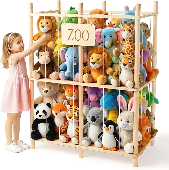 aiwo 30" Extra Wide Large Stuffed Animal Storage Toy Display Organizer | Holds 70+ plushies, Thick wood, 38.4" tall, Anti-tip base, Kid-height access, for room, playroom, bedroom, nursery decor by aiwo