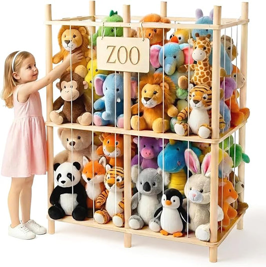 aiwo 30" Extra Wide Large Stuffed Animal Storage Toy Display Organizer | Holds 70+ plushies, Thick wood, 38.4" tall, Anti-tip base, Kid-height access, for room, playroom, bedroom, nursery decor by aiwo