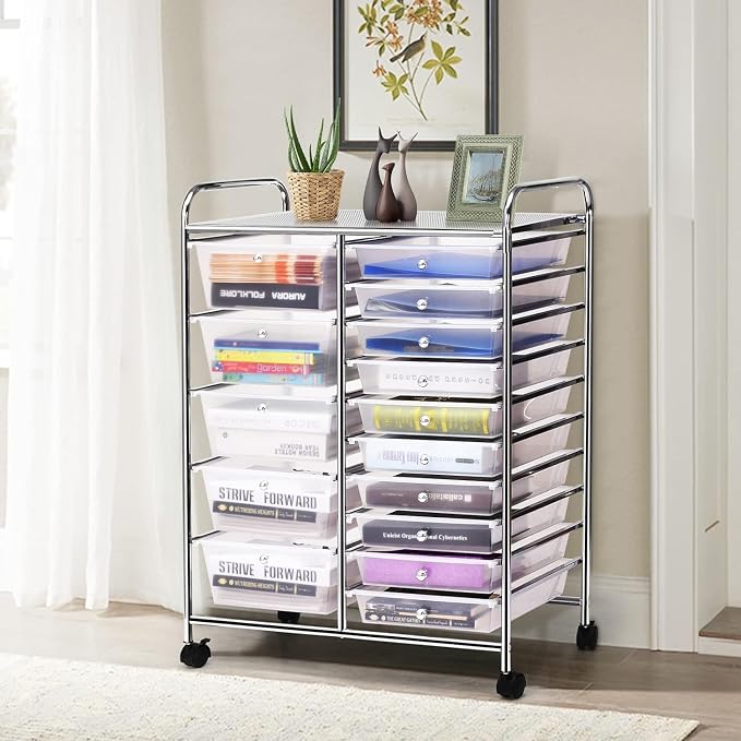 15 Drawer Rolling Storage Cart, Rolling Cart with Drawers for Classroom, Art Supply Craft Organizer on Wheel with Metal Frame & Handles for Home Office School - Image 2