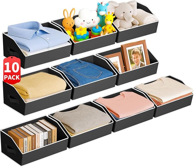 Large Closet Organizers and Storage Bins - 10 Pack Trapezoid Storage Baskets for Shelves, Foldable Fabric Baskets with Handles Ideal for Closet, Basket, Wardrobe and Shelf Storage, Black by Homsorout