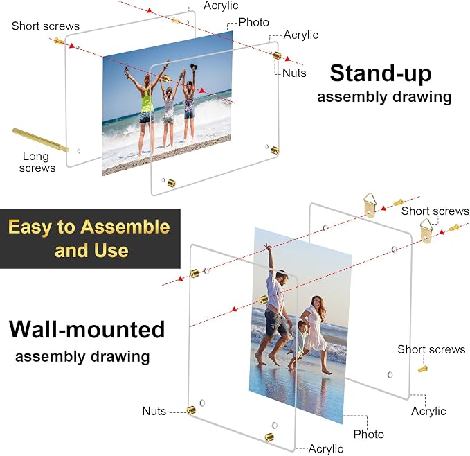 Thyle 8 Pcs Acrylic Photo Frame 8x10'' Clear Floating Picture Frame Frameless Photo Display Memories Photography Poster Frames Tabletop or Hanging Wall Mount for Family Wedding Wall Art (Gold) - Image 6