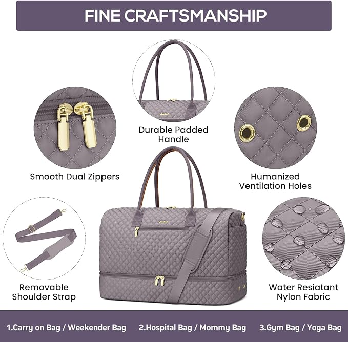 Large Weekender Bag for Women Travel: Overnight Bag with Shoe Compartment | 40L Capacity for 5 Day Trip Waterproof Durable Toiletry Bag Wet Pocket for Damp Items Suitable for Weekend Trips Hospital - Image 5