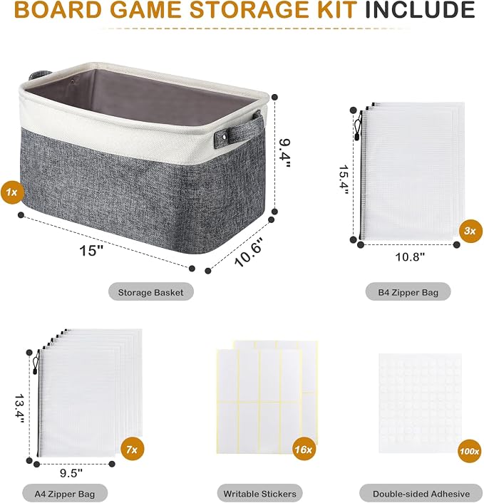 Board Game Storage Kit Include Storage Basket and 10pcs Zipper Bags, Board Game Organizer with Writable Stickers and Dispensing, Suitable for Puzzle Storage, Toys, Document (1 Pack-Grey) - Image 7