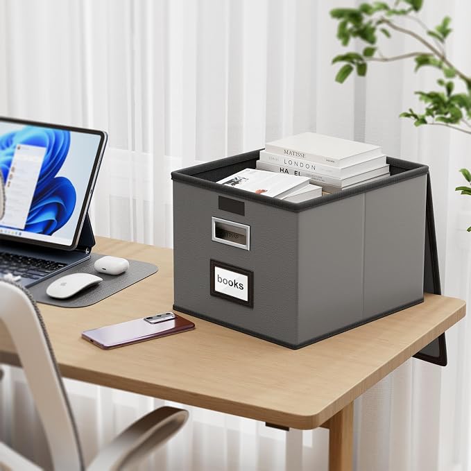 File Organizer Box with Lids, Collapsible File Folder Organizer | File Box with Plastic Slides for Document, Filing Bin for Letter Size Hanging File Folders (2 Pack, Dark Gray, Leather) - Image 2