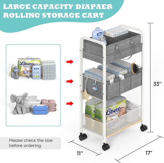 2In1 Baby Diaper Caddy & 3-Tier Rolling Diaper Cart, Diaper Caddy Organizer Cart with Dividers, Metal Detachable Bedside Cart for Baby Nursery Essentials, Large Capacity, Easy to Assemble, White - Image 2