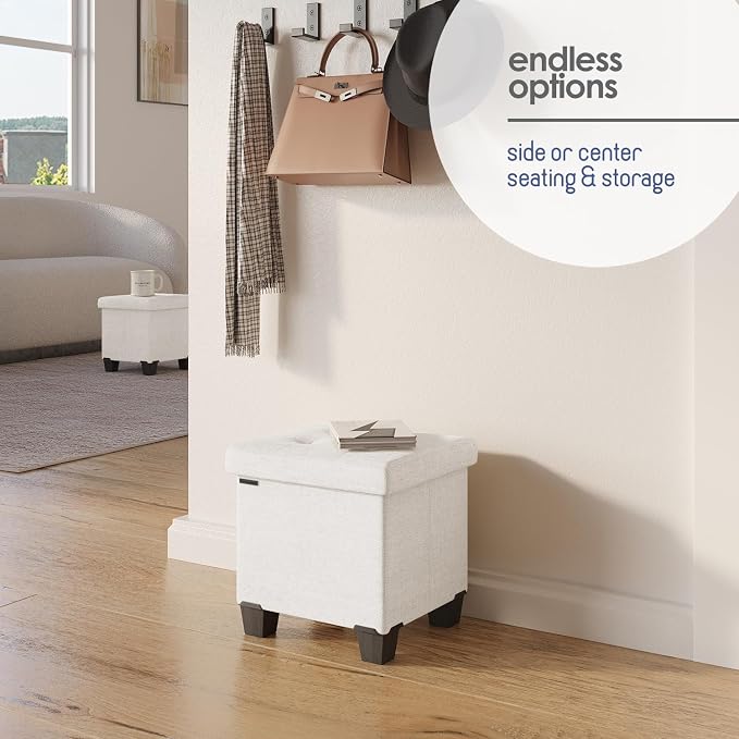 Storage Ottoman Cube with Small Bin, 15-in Square Ottoman with Storage for Living Room and Bedroom, Small Ottomans Foot Rest, Fabric Foot Stools Ottomans Max 330lbs, Cream - Image 6