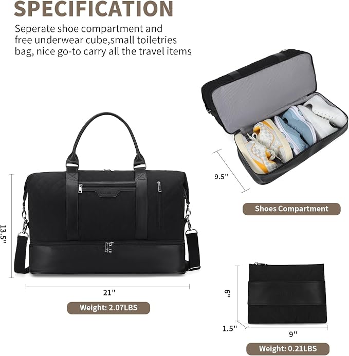 Oeihuivt Weekender Bags for Women - 21 Inch Large Travel Duffel Bag 2-Piece Set with Shoe Compartment, Heavy-Duty nylon & Leather Carry On Overnight Tote (Airplane Approved) - Image 3