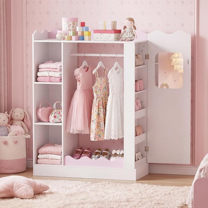 Costzon Kids Dress Up Storage with Mirror, Children Wardrobe Closet with Open Hanging Rack, Shelves and Cabinet, Kids Armoire Costume Organizer for Bedroom, Kids Room, Playroom, Preschool (White) - Image 9