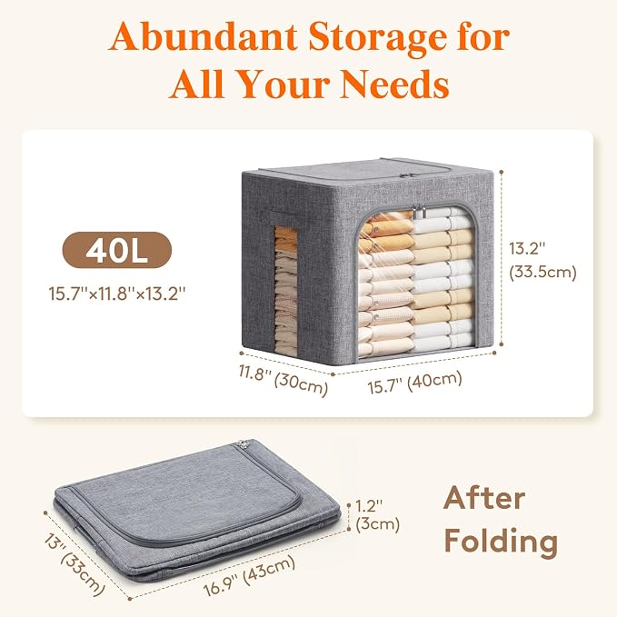 Lifewit Clothes Storage Bins with Metal Frame, Stackable Storage Box, Foldable Clothing Storage Bins with Lids, 40L Storage Bags Fabric Box Organizer with Clear Window＆ Zippers＆ Sturdy Handles 3 Pack - Image 4