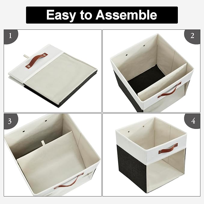 Storage Cubes, 4 Pack Linen Foldable Storage Bins with Clear Window and 2 Handles, 13x15x13 Storage Cube Bins for Shelf Closet, Kallax, Clothes, Books - (Black / Off-White) - Image 6
