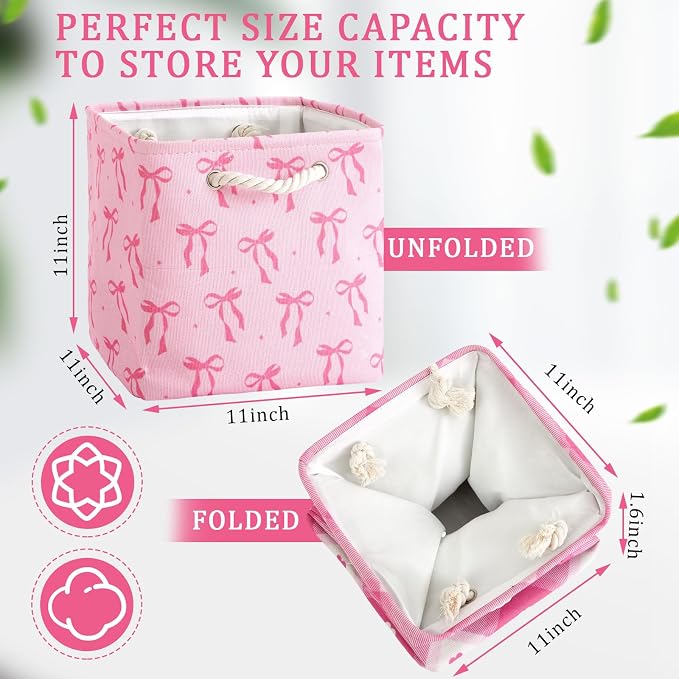 6 Pack Pink Bow Cube Storage Bins Fabric Square Cube Baskets, 11x11 Inch | Pink Bow Foldable Organizer with Sturdy Handles, Home Closet Bin for Shelves, Durable Cube Baskets Bulk for Home Storage - Image 2