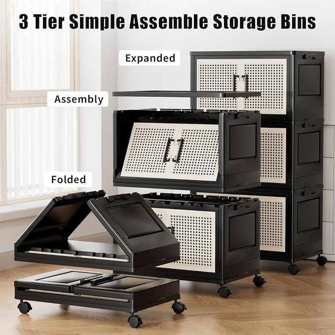 Storage Bins with Lids, Stackable Storage Containers with Lids, Collapsible Plastic Bins, Closet Organizers and Storage with Wheels and Magnetic Door for Home Office Dorm (3 Pack) - Image 2