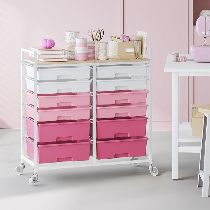 TOOLF 12 Drawers Rolling Storage Cart with Wooden Top for Classroom,Pink | Teacher Cart Craft Art Supply Organizer, Utility Cart with Lockable Wheels for Home Household Essentials, Office Organization - Image 8