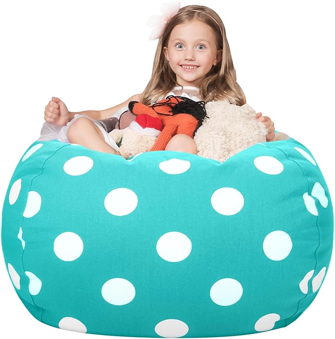 WEKAPO Stuffed Animal Storage Bean Bag Chair Cover for Kids | Stuffable Zipper Beanbag for Organizing Children Plush Toys Large Premium Cotton Canvas (AquaDot, X-Large) by Wekapo
