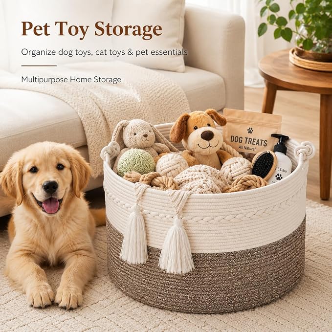 KAKAMAY Large Blanket Basket (20"x13"),Woven Baskets for storage Baby Laundry Hamper, Cotton Rope Blanket Basket for Living Room, Laundry, Nursery, Pillows, Baby Toy chest (White/Beige) | Extra Large Capacity | Natural Cotton Rope | Blanket Storage | W... - Image 3