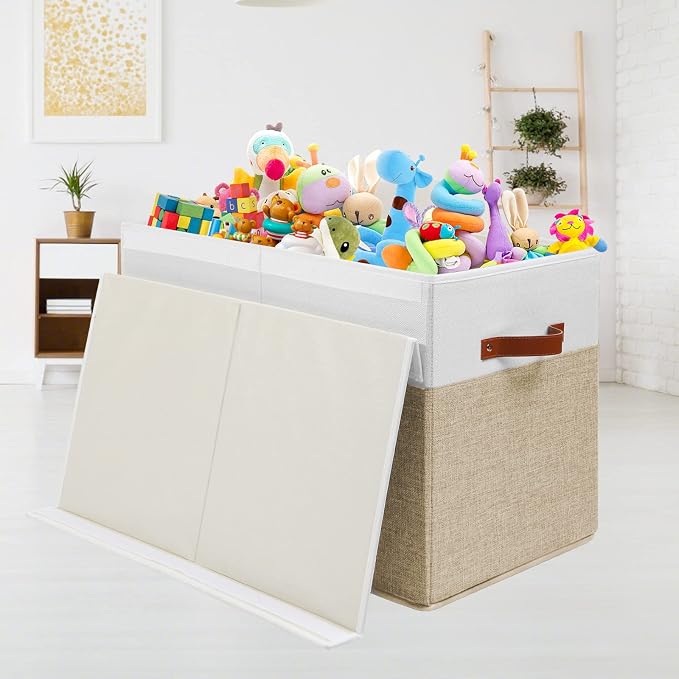 Large Toy Storage Box with Lid, Toy Chest Bin Boxes Basket with Dividers | Sturdy Toy Organizer Bin for Kids, Boys, Girls, Nursery, Living Room, Bedroom, Playroom 25"x13" x16" (Beige and White) - Image 4