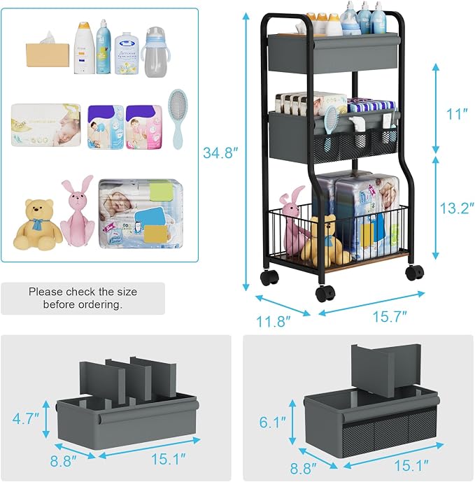 3-tier Baby Diaper Caddy Organizer and Storage Cart with 4+3 Dividers, Metal Utility Cart with Lockable Wheels for Nursery, Bedroom, Bathroom, Black - Image 2