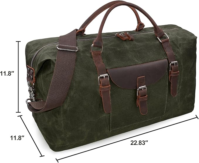 Oversized Travel Duffel Bag Waterproof Canvas Genuine Leather Weekend bag Weekender Overnight Carryon Hand Bag, Dark Green - Image 8