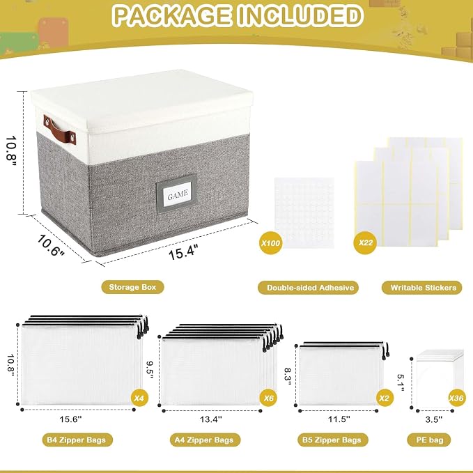 Board Game Organizer with 12pcs Zipper Bags and Writable Stickers, Storage with Lid for Office Supplies, Puzzles, Video Game, Craft Products - Image 7