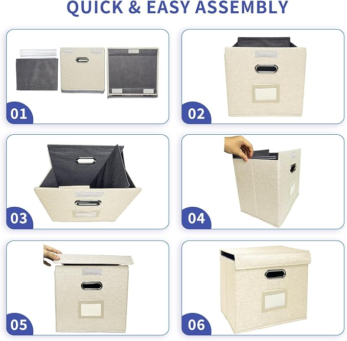4 Pack Hanging File Folder Box with Lid, Durable Letter Size Filing Storage Box, Sturdy File Holder with Cardboard Support PVC Rails for Office Home Organizer, Beige - Image 6