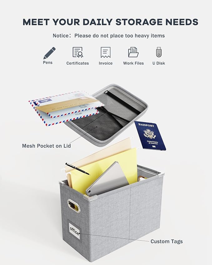 Hanging Filing File Box with Mesh Pocket, File Organizer Box with Lid, Collapsible Document Organizer Box for Letter Size, Easy Slide Durable Storage Box for Office/Decor/Home (2 PCS, Grey) - Image 4