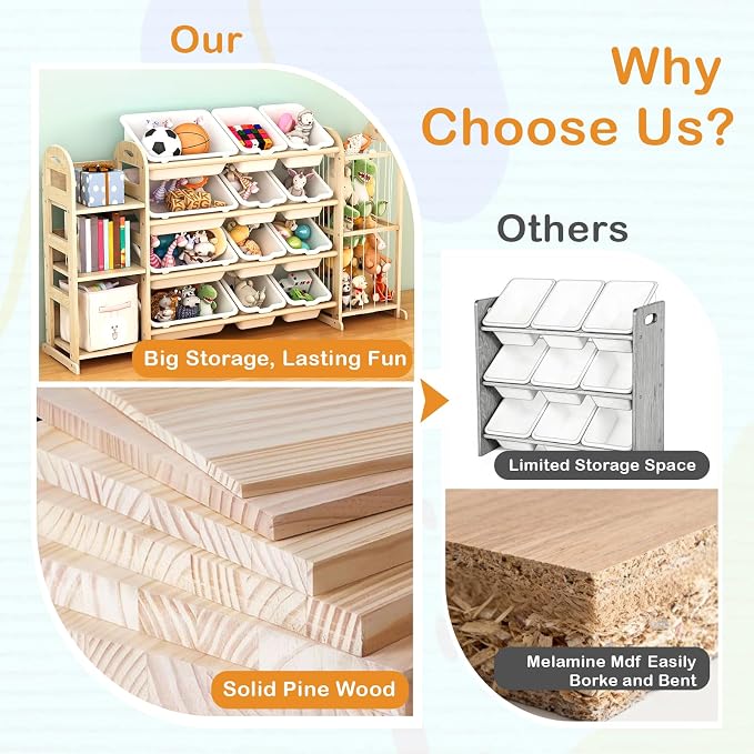Kids Toy Storage Organizer, Toy Organizers and Storage with Stuffed Animal Storage, Toy Storage Shelf with 3 Shelves, 12 Storage Bins, Kids Bookshelf, Toy Holder for Playrooms, Bedrooms, White - Image 7