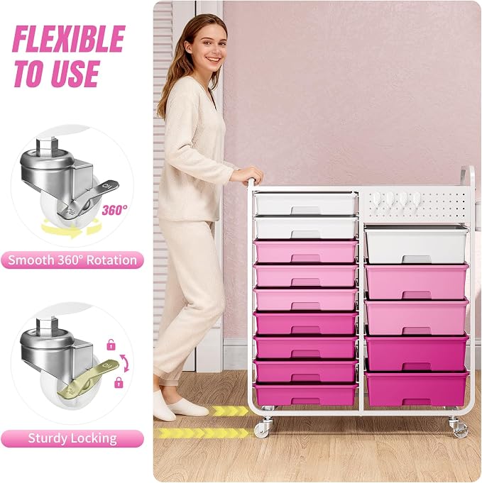 14 Drawer Rolling Storage Cart with Tabletop and Pegboard for Crafts Pink | Easy Setup, Large Capacity, Sturdy Build, Smooth Mobility, For classroom, office and dorm supplies - Image 5