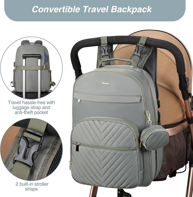 Diaper Bag Backpack, Quilted Baby Bag with Changing Pad & Stroller Straps & Pacifier Case, Multifunction Waterproof Travel Diaper Bags, Unisex, Olive Green - Image 3