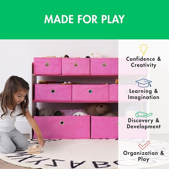 Humble Crew Kids Toy Organizer with 9 Fabric Bins, 3 Tier Storage Shelf | Sturdy wood and steel toddler frame, collapsible containers, wall anchor anti-tip safety kit for playroom, bedroom, classroom - Image 5