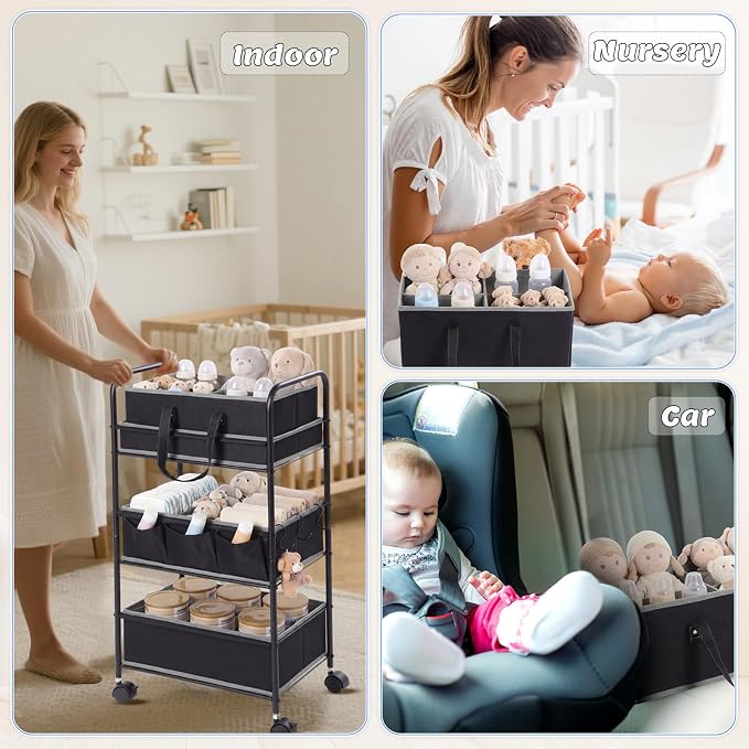 Honeydak 2in1 Baby Diaper Caddy Organizer Cart 3 Tier Large Capacity Metal Utility Bedside Rolling Cart with Divider Newborn Registry Nursery Essential Must Have Crib Bedroom Baby Shower(Black) - Image 4