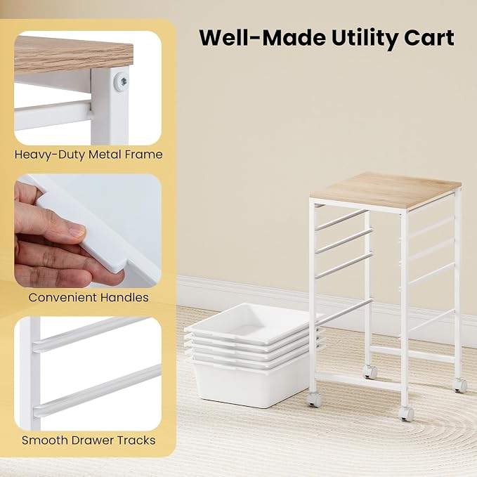 Rolling Storage Cart with 5 Drawers, Plastic Craft Organizer on Wheels with Wooden Top, Mobile Art Supply Utility Cart for Classroom, Home, Office - Image 7