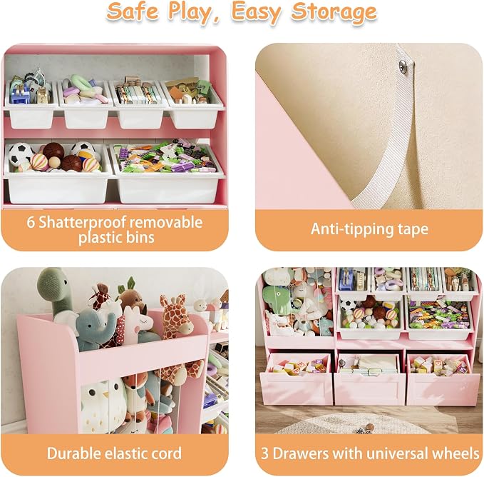 VontinT 50.6" W Wooden Toy Organizer with Stuffed Storage & Bins & Drawers | Large Storage Cabinet with 6 Plastic Bins, 3 Rolling Drawers, 140L Stuffed Animal Zoo, Toddler Shelf for Kids Playroom, Pink - Image 5